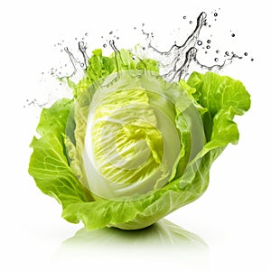 Innovative White Water Splash: Cabbage Lettuce Photo With Isolated Background