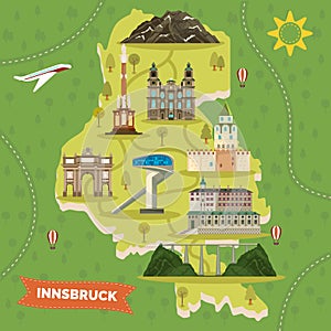 Innsbruck map with landmarks. Austria town