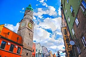 The Innsbruck town tower or Stadtturm Austria landmark colorful scene