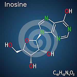 Inosine molecule. It is purine nucleoside, commonly occurs in tRNA. Consists of hypoxanthine connected to ribofuranose glycosidic photo