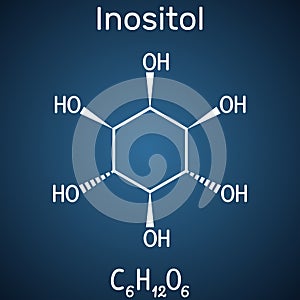 Inositol, myo-inositol,  vitamin-like essential nutrien molecule. Structural chemical formula on the dark blue background