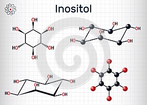 Inositol, myo-inositol,  vitamin-like essential nutrien molecule. Structural chemical formula and molecule model. Sheet of paper