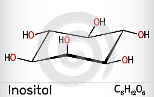 Inositol, myo-inositol, vitamin-like essential nutrien molecule, vitamin B8. Structural chemical formula and molecule model.