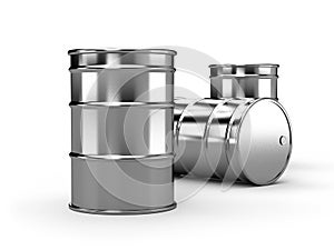 Inox silver alu oil barrels isolated on white background. 3d render photo