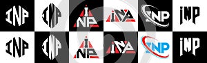 INP letter logo design in six style. INP polygon, circle, triangle, hexagon, flat and simple style with black and white color