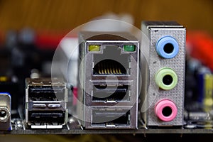 Input and audio inputs Electronic board with electrical components. Electronics of computer equipment