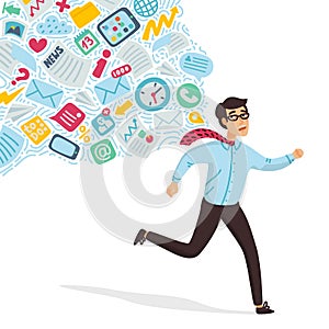 Input overloading. Information overload concept. Young man running away from information stream pursuing him. Concept of