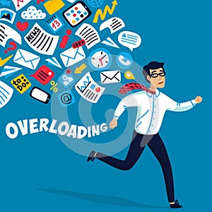 Input overloading. Information overload concept. Young man running away from information stream pursuing him. Concept of