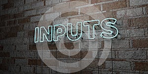 INPUTS - Glowing Neon Sign on stonework wall - 3D rendered royalty free stock illustration