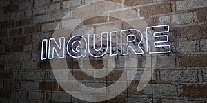 INQUIRE - Glowing Neon Sign on stonework wall - 3D rendered royalty free stock illustration