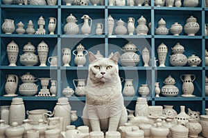 An inquisitive cat looks directly at the viewer amidst an assortment of porcelain cups and pitchers displayed on shelves