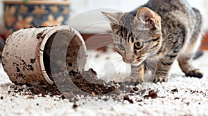 Inquisitive cat next to overturned plant pot on white carpet, surrounded by scattered soil. Concept of mischievous pet