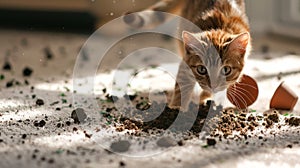 Inquisitive cat next to overturned plant pot on white rug, surrounded by scattered soil. Concept of mischievous pet