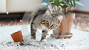 Inquisitive cat next to plant pot on white carpet, surrounded by scattered earth. Concept of mischievous pet, domestic