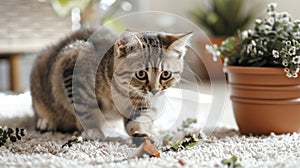 Inquisitive cat next to plant pot on white carpet, surrounded by scattered soil. Concept of mischievous pet, domestic