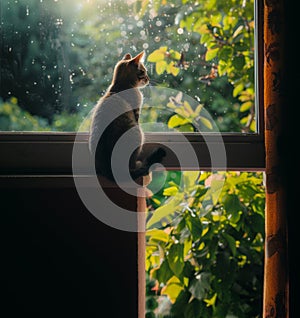 Inquisitive cat perched near an open window, intently watching the birds outside photo