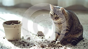 Inquisitive cat sitting next to overturned plant pot on white carpet, surrounded by scattered soil. Concept of
