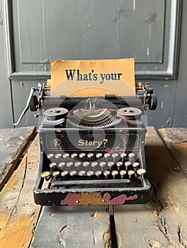 Inquisitive and classic Whats your story? question printed on paper through a vintage typewriter, sparking thoughts and
