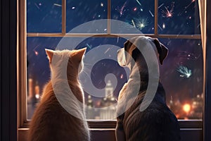 Inquisitive Companions: Dog and Cat Watching the Fire from the Window (AI Generated)