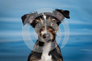 Inquisitive dog with deep eyes and unique coat against serene blue backdrop captivates photo