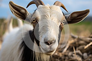 Inquisitive goat locks eyes with the camera, a captivating connection