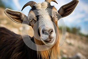 Inquisitive goat locks eyes with the camera, a captivating connection