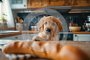 Inquisitive Golden Retriever Longing for a Tasty Sausage.