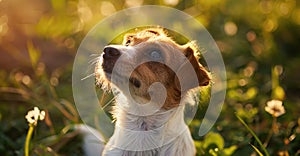 Inquisitive Jack Russell Terrier Gazing Upwards in a Field of Green Generative AI