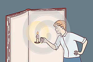 Inquisitive man with candle illuminates pages giant book in effort to gain knowledge. Vector image