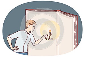 Inquisitive man with candle illuminates pages giant book in effort to gain knowledge. Vector image