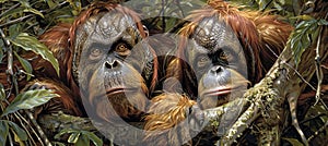 Inquisitive orangutans roaming high in the lush jungle canopy, exploring the dense treetops