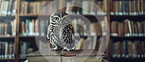 Inquisitive Owl Amid Library Tomes. Concept Fantasy Creatures, Library Scenes, Curious Animals,