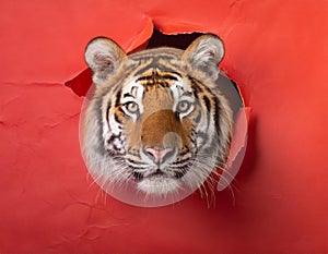 An inquisitive tiger peeks out of a torn red paper, illustrating curiosity