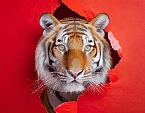 An inquisitive tiger peeks out of a torn red paper, illustrating curiosity