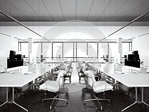 Inrerior modern workspace loft with panoramic windows.Generic design computers and generic white furniture in