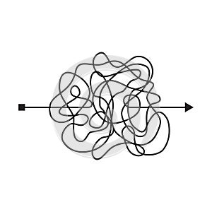 Insane messy line, complicated clew way. Tangled scribble path. Chaotic difficult proces. Vector illustration