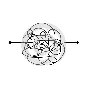 Insane messy line. Complicated clew way. Tangled scribble vector path