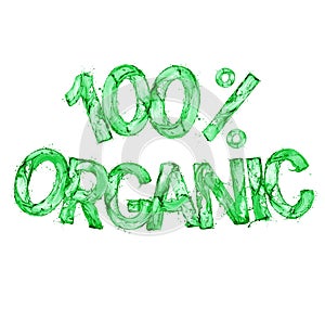 Inscription 100% Organic made of green splashes, isolated on a white background