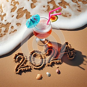 inscription 2024 on the sand in summer against the backdrop of the sea with a colored cocktail. The concept of travel, leisure and