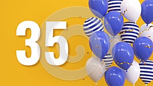 The inscription 35 on a yellow background with balloons, golden confetti, serpentine. Greeting card, bright concept, illustration