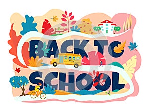 The inscription `back to school` is dark blue. The school bus goes up the hill to the school. A girl riding a bike. Autumn in pink
