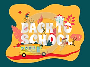 The inscription `back to school` in yellow and blue. School bus rides on the road, the girl rides a bicycle. A girl sits on a benc