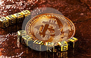 inscription bear market with Crypto currency Golden Bitcoin, BTC, macro-shot coin, bitcoin mining concept