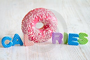 Inscription calories with donut inside. Concept calories counting