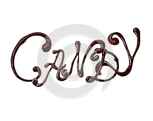 Inscription Candy made of chocolate elegant font with swirls, isolated on white background