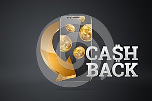 Inscription Cash Back, an image of a smartphone and emblem on a dark background. Business concept, refund, online shopping, mobile