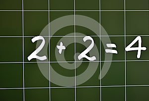 the inscription on the computer panel in the school classroom two plus two equals four on a checkered background