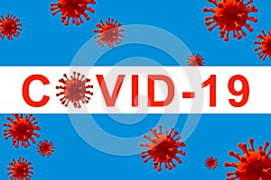 Inscription COVID-19 and red abstract virus strain model on the blue background with copy space. Virus Pandemic