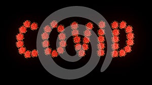 Inscription covid of red molecules of covid-19 virus on black background.