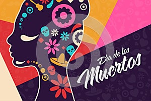 Inscription Day of the Dead in Spanish. Dia de los Muertos holiday concept. Template for background, banner, card